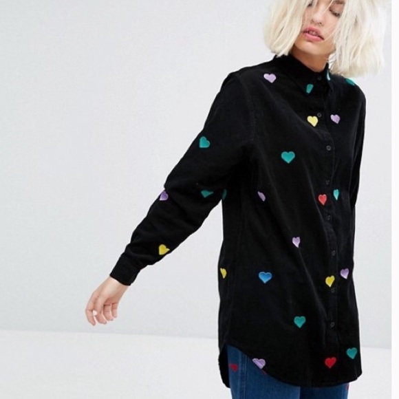 Lazy Oaf Tops - Lazy oaf longline rainbow heart corduroy shirt